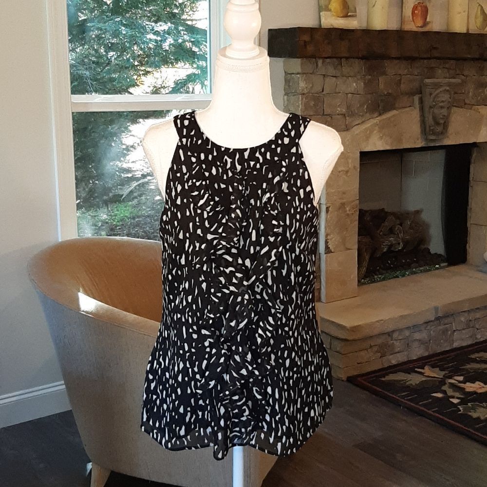 Merona Black and White Lined Tank Top with Ruffles and Buttons at Neck